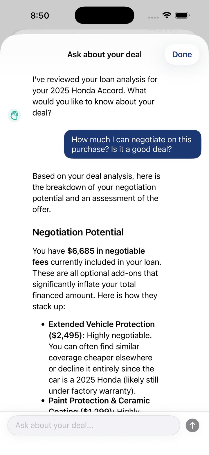 Ask DealLens — chat with the AI about your specific deal