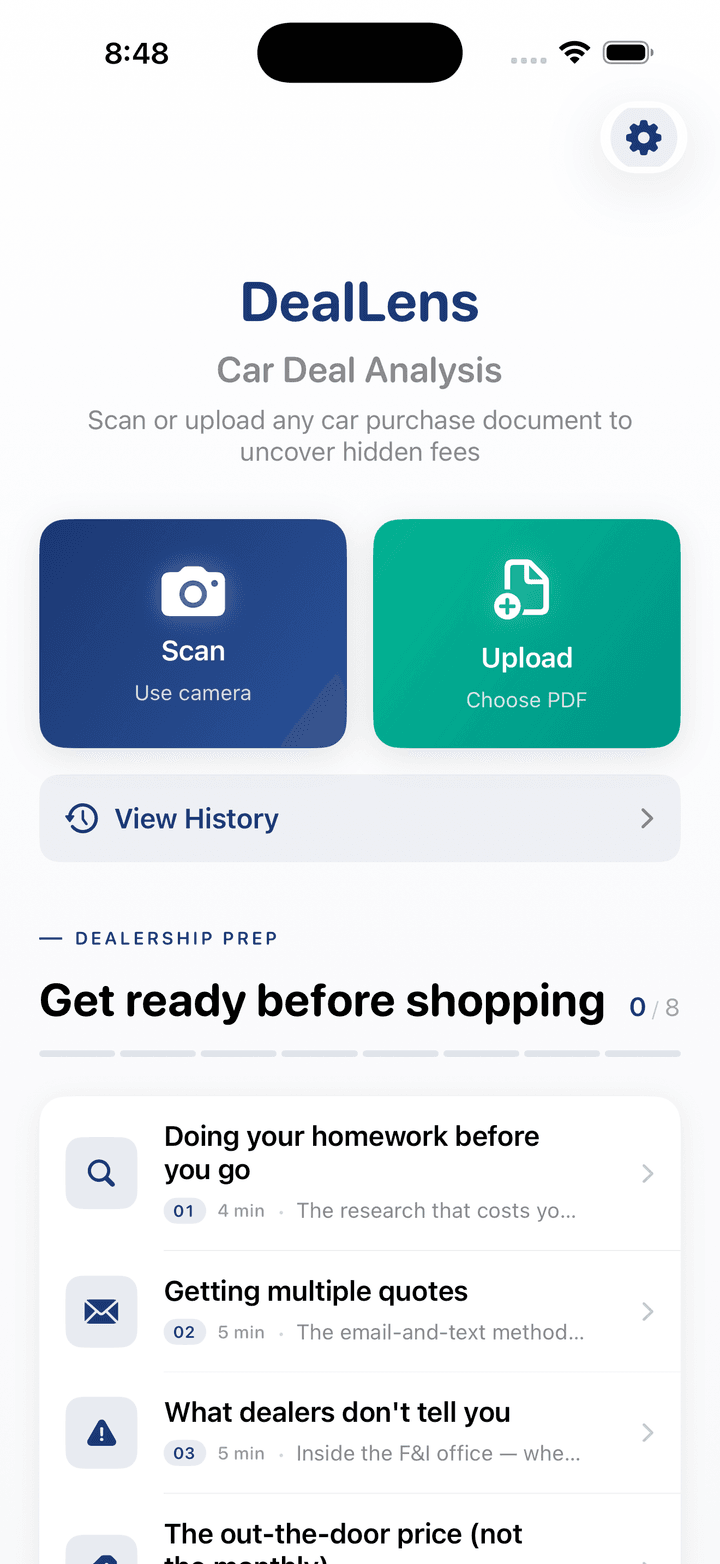 DealLens home screen — Scan or Upload a car purchase document, with dealership-prep guides below